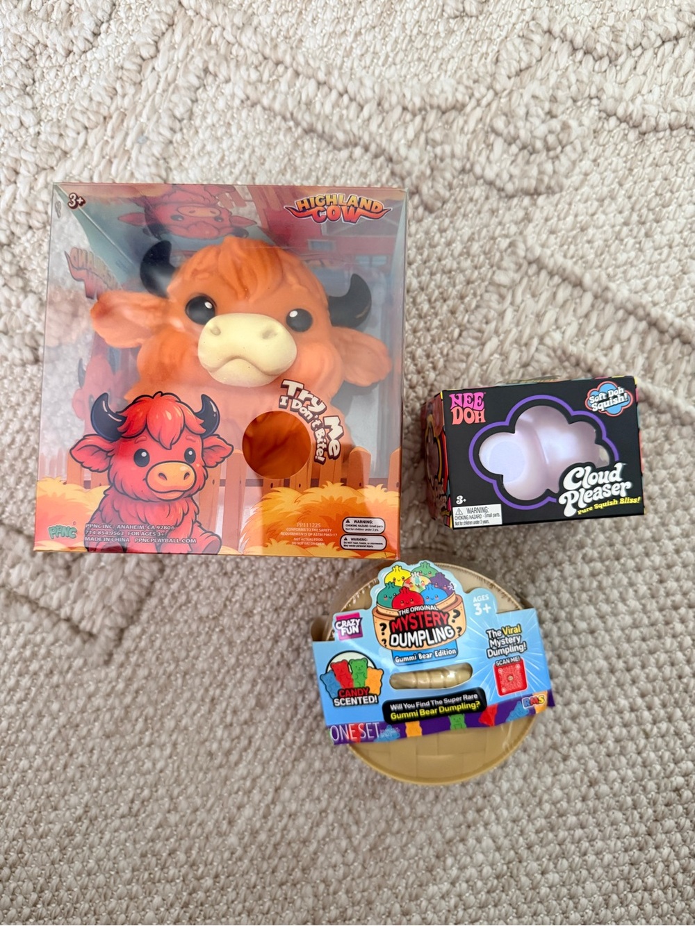 Rms Gummi bear , NeeDoh cloud pleaser and highland cow bundle